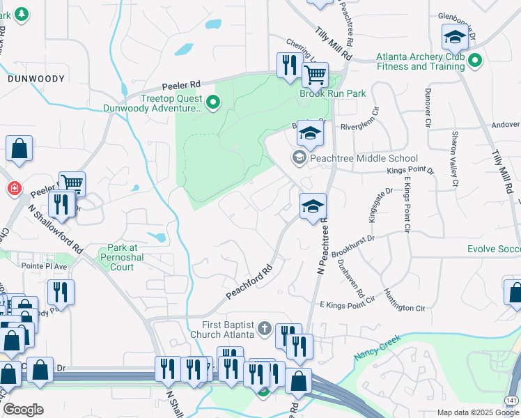 map of restaurants, bars, coffee shops, grocery stores, and more near 352 Barclay Lane in Atlanta