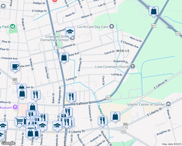 map of restaurants, bars, coffee shops, grocery stores, and more near 423 Loring Drive in Sumter