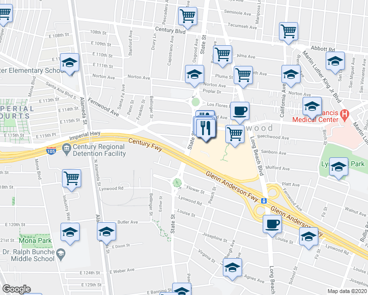 map of restaurants, bars, coffee shops, grocery stores, and more near 11251 State Street in Lynwood