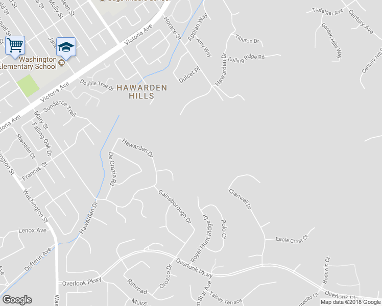 map of restaurants, bars, coffee shops, grocery stores, and more near 6500 Hawarden Drive in Riverside