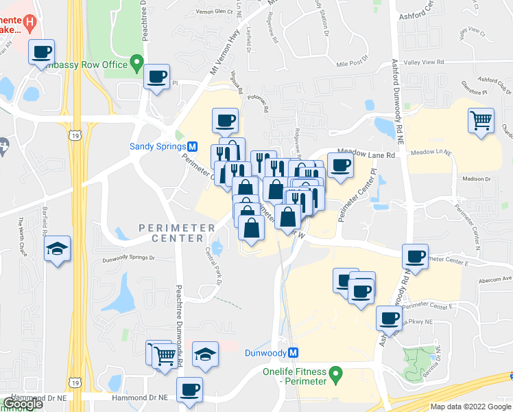 map of restaurants, bars, coffee shops, grocery stores, and more near 134 Perimeter Center West in Dunwoody