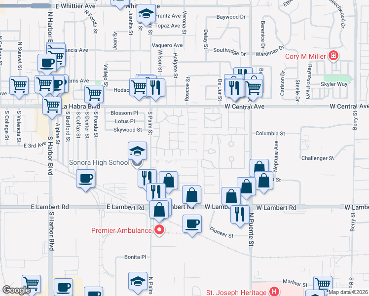 map of restaurants, bars, coffee shops, grocery stores, and more near 598 Elkwood Court in Brea