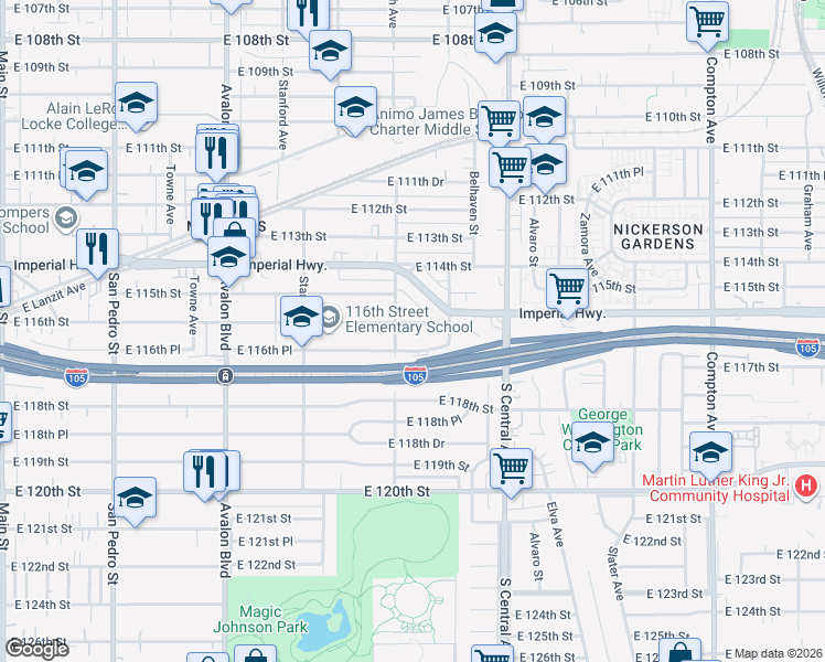 map of restaurants, bars, coffee shops, grocery stores, and more near 916 East 116th Street in Los Angeles