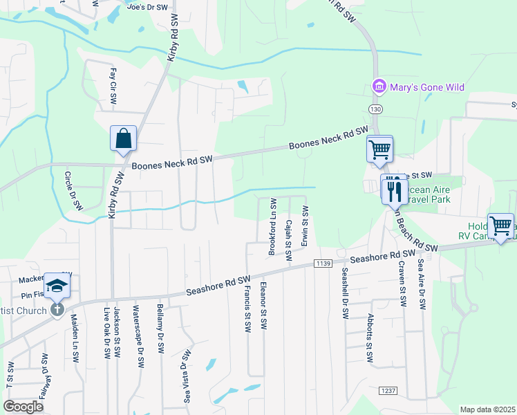 map of restaurants, bars, coffee shops, grocery stores, and more near 2520 Lightwood Drive Southwest in Brunswick County