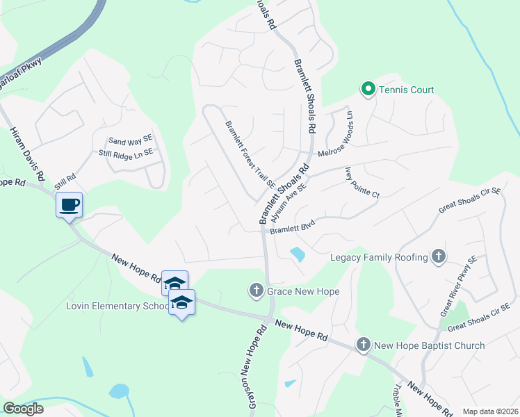 map of restaurants, bars, coffee shops, grocery stores, and more near 1106 Bramlett Forest Court Southeast in Lawrenceville