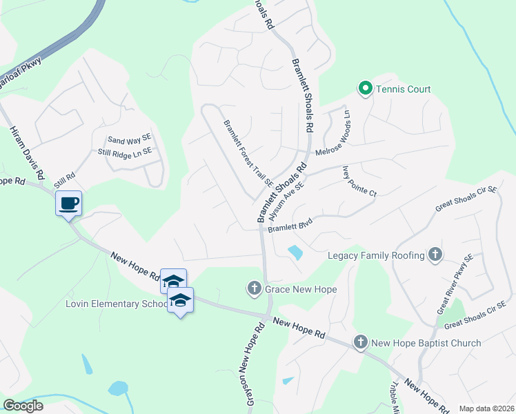map of restaurants, bars, coffee shops, grocery stores, and more near 1106 Bramlett Forest Court Southeast in Lawrenceville