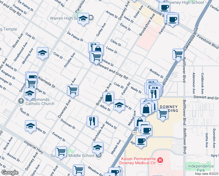 map of restaurants, bars, coffee shops, grocery stores, and more near 12028 Brookshire Avenue in Downey