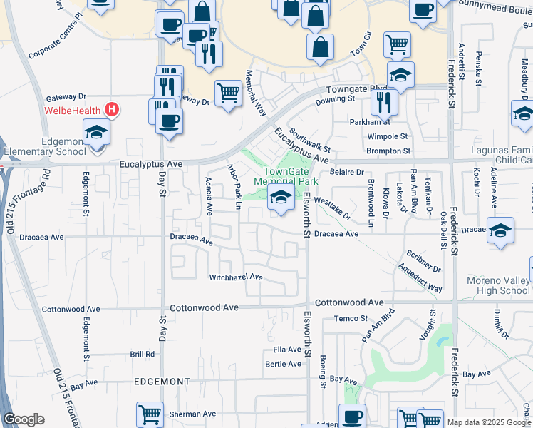 map of restaurants, bars, coffee shops, grocery stores, and more near 13127 Yellowwood Street in Moreno Valley