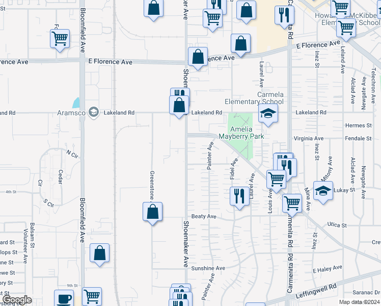 map of restaurants, bars, coffee shops, grocery stores, and more near 11306 Shoemaker Avenue in Whittier