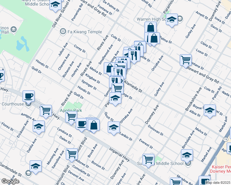 map of restaurants, bars, coffee shops, grocery stores, and more near 12256 Paramount Blvd in Downey