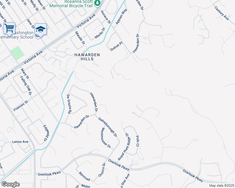 map of restaurants, bars, coffee shops, grocery stores, and more near 6500 Hawarden Drive in Riverside