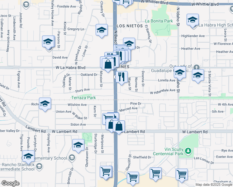 map of restaurants, bars, coffee shops, grocery stores, and more near 410 South Beach Boulevard in La Habra