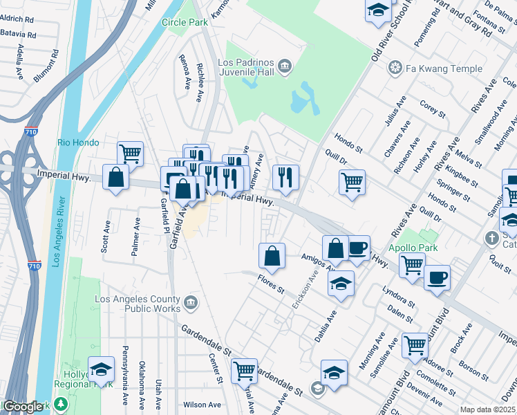 map of restaurants, bars, coffee shops, grocery stores, and more near 10930 Lillian Lane in South Gate