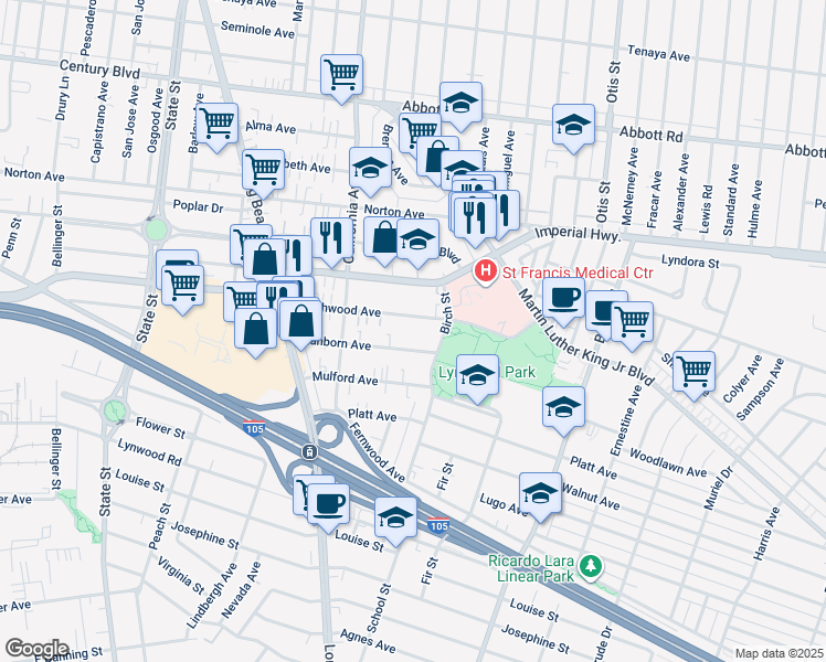 map of restaurants, bars, coffee shops, grocery stores, and more near 3587 Sanborn Avenue in Lynwood