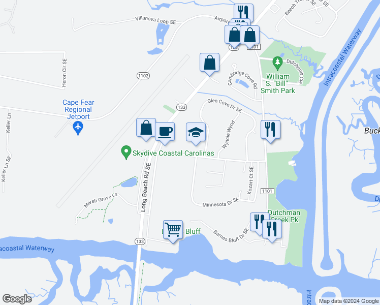 map of restaurants, bars, coffee shops, grocery stores, and more near 5249 Minnesota Drive Southeast in Southport