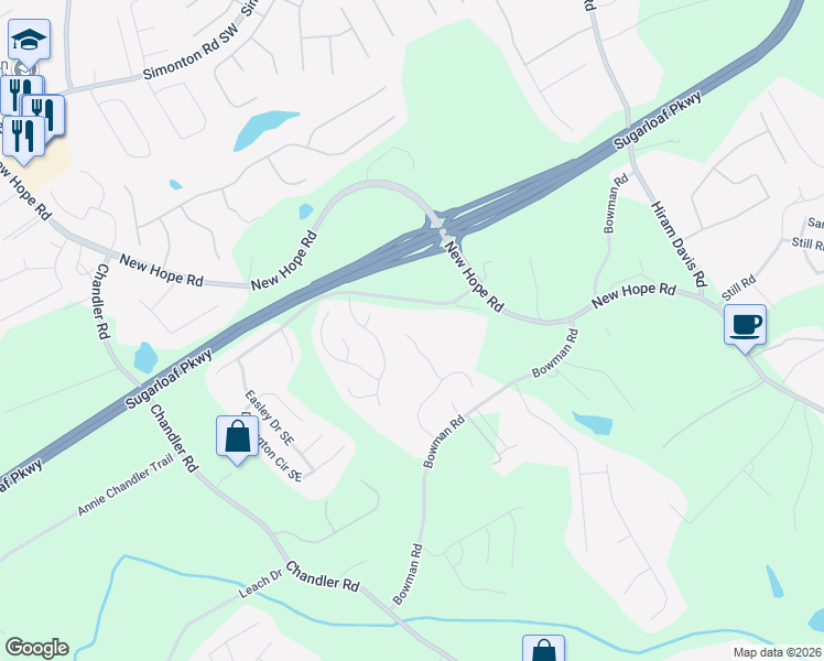 map of restaurants, bars, coffee shops, grocery stores, and more near 1224 Amanda Jill Court in Lawrenceville