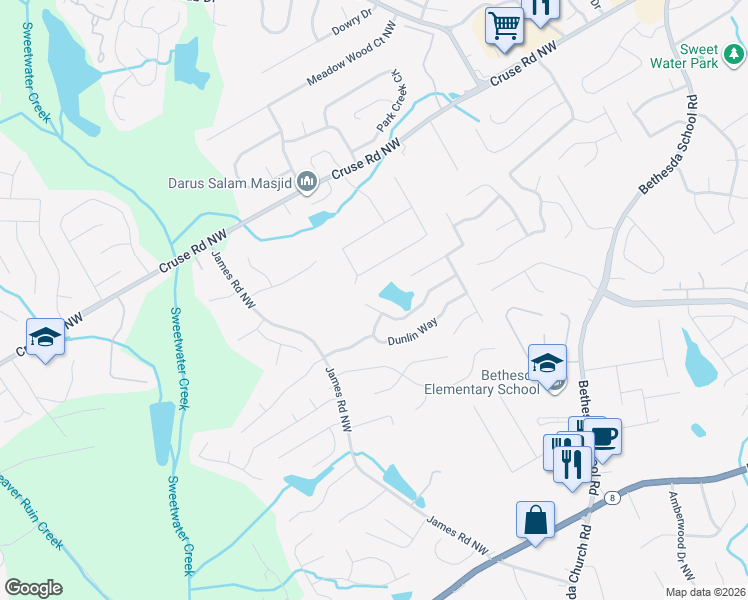 map of restaurants, bars, coffee shops, grocery stores, and more near 3189 Dunlin Lake Road in Lawrenceville