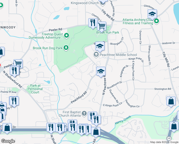 map of restaurants, bars, coffee shops, grocery stores, and more near 2300 Peachford Road in Dunwoody
