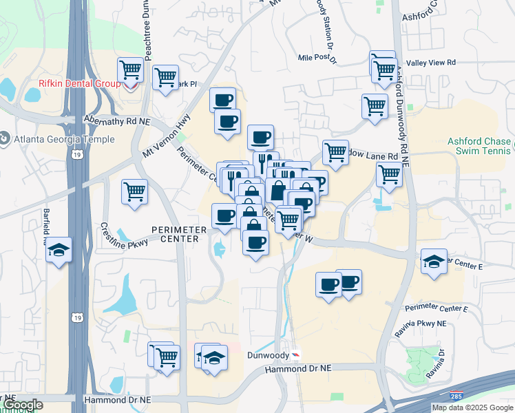 map of restaurants, bars, coffee shops, grocery stores, and more near 134 Perimeter Center West in Dunwoody