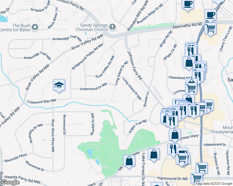 map of restaurants, bars, coffee shops, grocery stores, and more near 6385 Long Island Drive in Sandy Springs