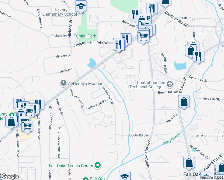map of restaurants, bars, coffee shops, grocery stores, and more near 1221 Brownstone Drive Southwest in Marietta