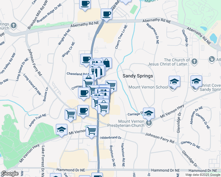 map of restaurants, bars, coffee shops, grocery stores, and more near 6500 Vernon Woods Drive Northeast in Atlanta