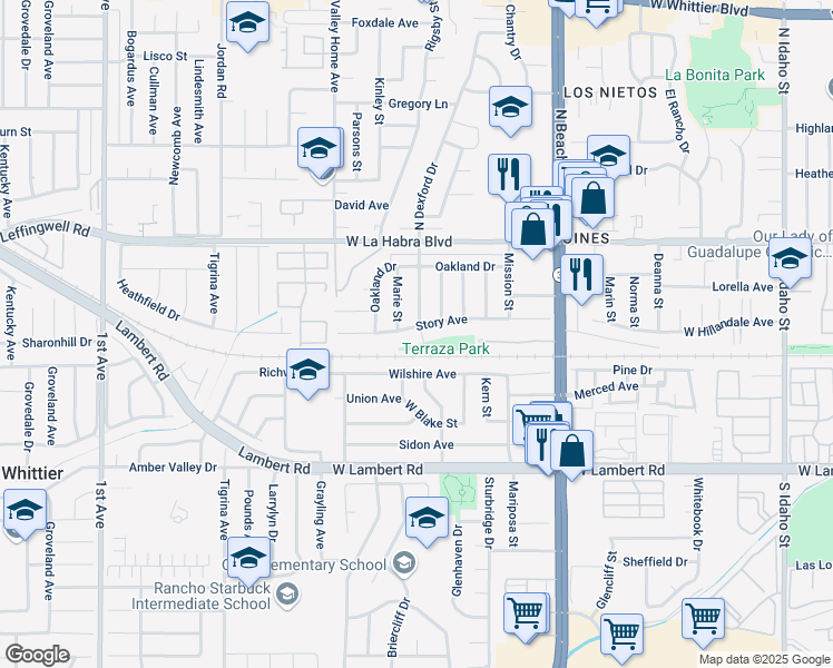 map of restaurants, bars, coffee shops, grocery stores, and more near 2400 Story Avenue in La Habra