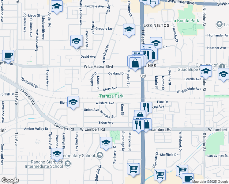 map of restaurants, bars, coffee shops, grocery stores, and more near 450 South Dexford Drive in La Habra