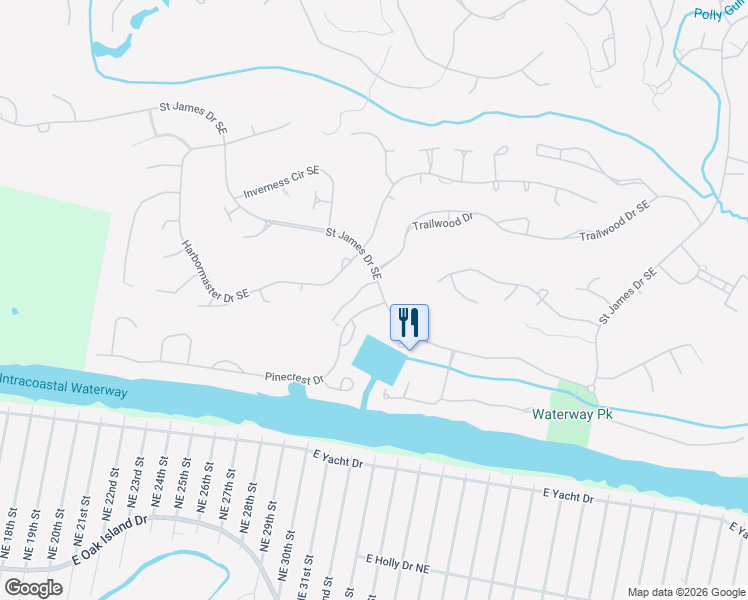 map of restaurants, bars, coffee shops, grocery stores, and more near 2537 Saint James Drive Southeast in Southport