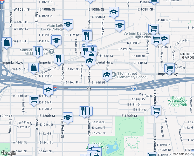 map of restaurants, bars, coffee shops, grocery stores, and more near 630 East 116th Street in Los Angeles