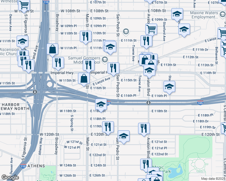 map of restaurants, bars, coffee shops, grocery stores, and more near 242 East 116th Street in Los Angeles