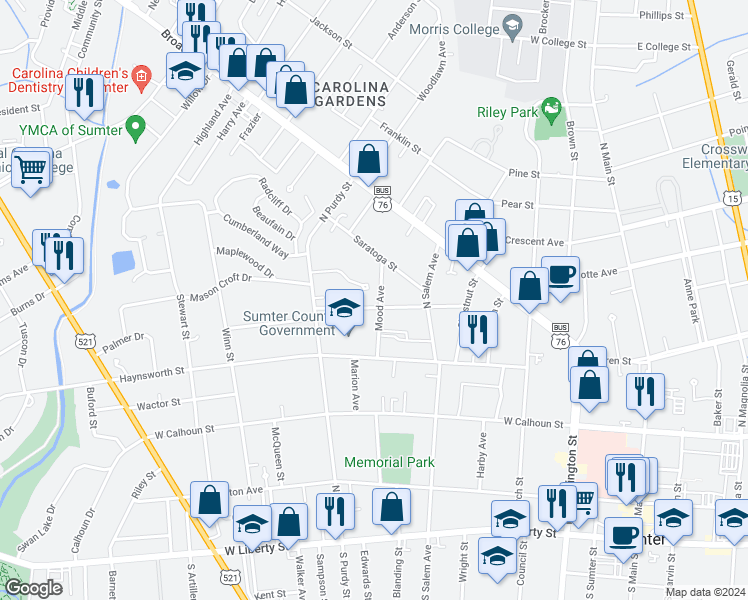 map of restaurants, bars, coffee shops, grocery stores, and more near 201 Hasel Street in Sumter