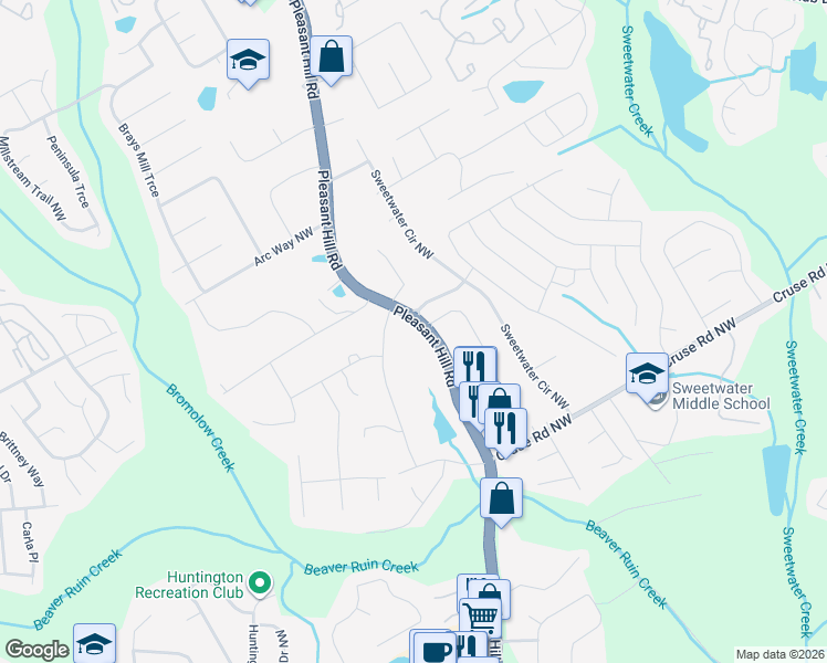 map of restaurants, bars, coffee shops, grocery stores, and more near 1065 Pleasant Hill Road in Lawrenceville