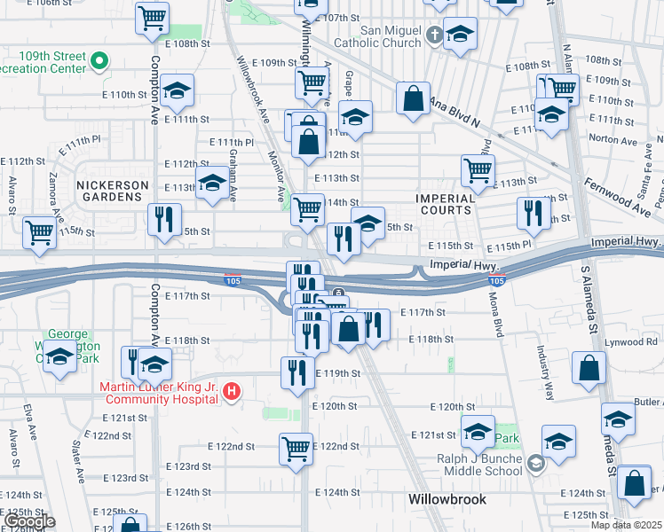 map of restaurants, bars, coffee shops, grocery stores, and more near 11611 Willowbrook Avenue in Los Angeles
