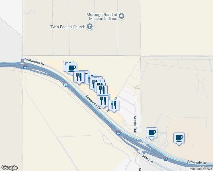 map of restaurants, bars, coffee shops, grocery stores, and more near 48400 Seminole Drive in Cabazon