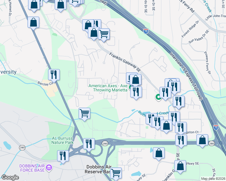 map of restaurants, bars, coffee shops, grocery stores, and more near 750 Franklin Gateway Southeast in Marietta