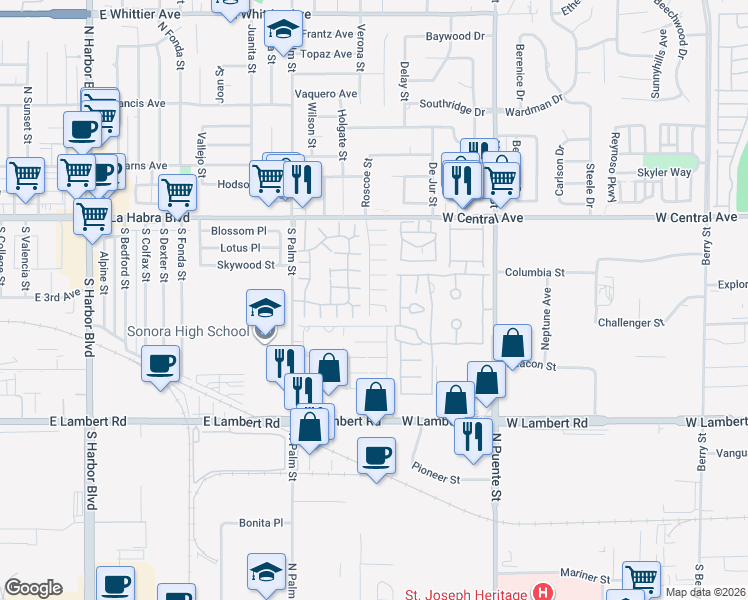 map of restaurants, bars, coffee shops, grocery stores, and more near 1518 Zachary Court in Brea