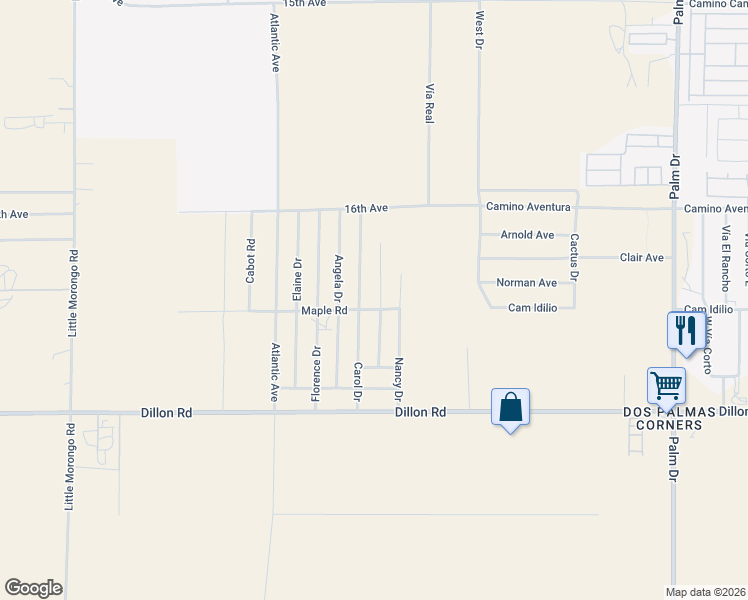 map of restaurants, bars, coffee shops, grocery stores, and more near 16443 Mauna Loa Road in Desert Hot Springs