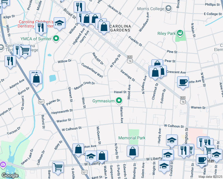 map of restaurants, bars, coffee shops, grocery stores, and more near 403 North Purdy Street in Sumter