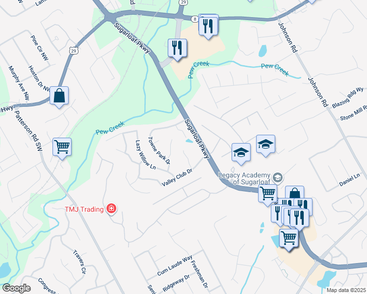 map of restaurants, bars, coffee shops, grocery stores, and more near 138 Shady View Place in Lawrenceville