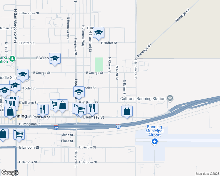 map of restaurants, bars, coffee shops, grocery stores, and more near East Nicolet Street & North Cherry Street in Banning