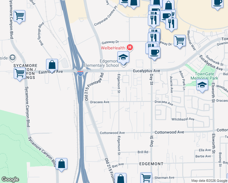 map of restaurants, bars, coffee shops, grocery stores, and more near in Moreno Valley