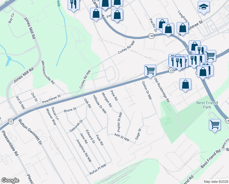 map of restaurants, bars, coffee shops, grocery stores, and more near 5960 Pine Road in Atlanta