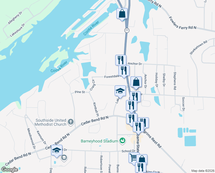 map of restaurants, bars, coffee shops, grocery stores, and more near 2780 Scott Street in Gadsden