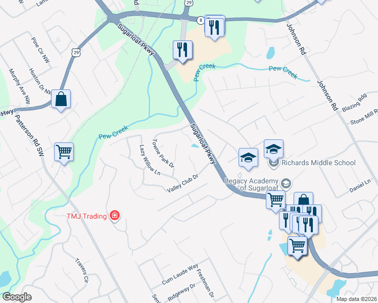 map of restaurants, bars, coffee shops, grocery stores, and more near 138 Shady View Place in Lawrenceville