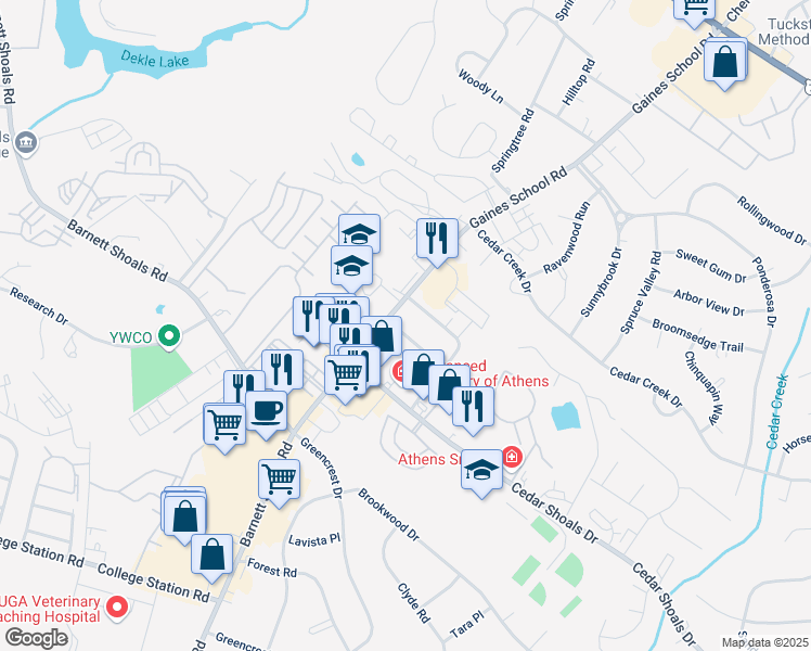 map of restaurants, bars, coffee shops, grocery stores, and more near 119 Barrington Place in Athens