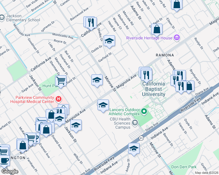 map of restaurants, bars, coffee shops, grocery stores, and more near in Riverside