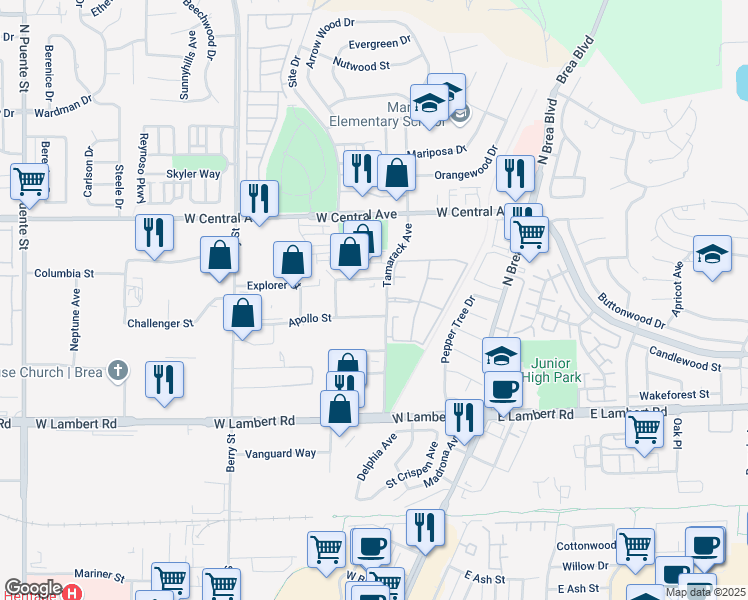 map of restaurants, bars, coffee shops, grocery stores, and more near 655 Tamarack Avenue in Brea