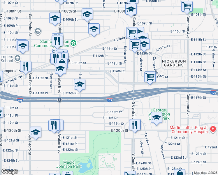 map of restaurants, bars, coffee shops, grocery stores, and more near 916 East 116th Street in Los Angeles