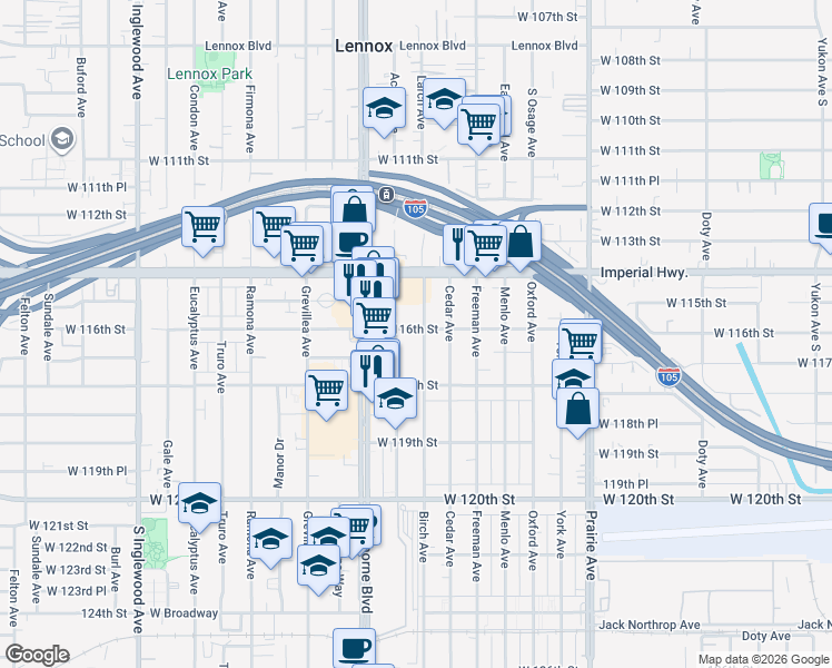 map of restaurants, bars, coffee shops, grocery stores, and more near 11628 Birch Avenue in Hawthorne